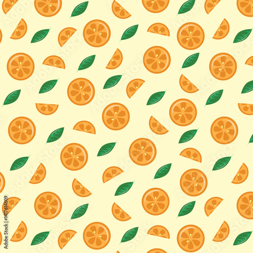This is a bright illustration with orange slices and green leaves on a light background. The orange slices and leaves are arranged in a harmonious order, creating a feeling of freshness and sunny mood