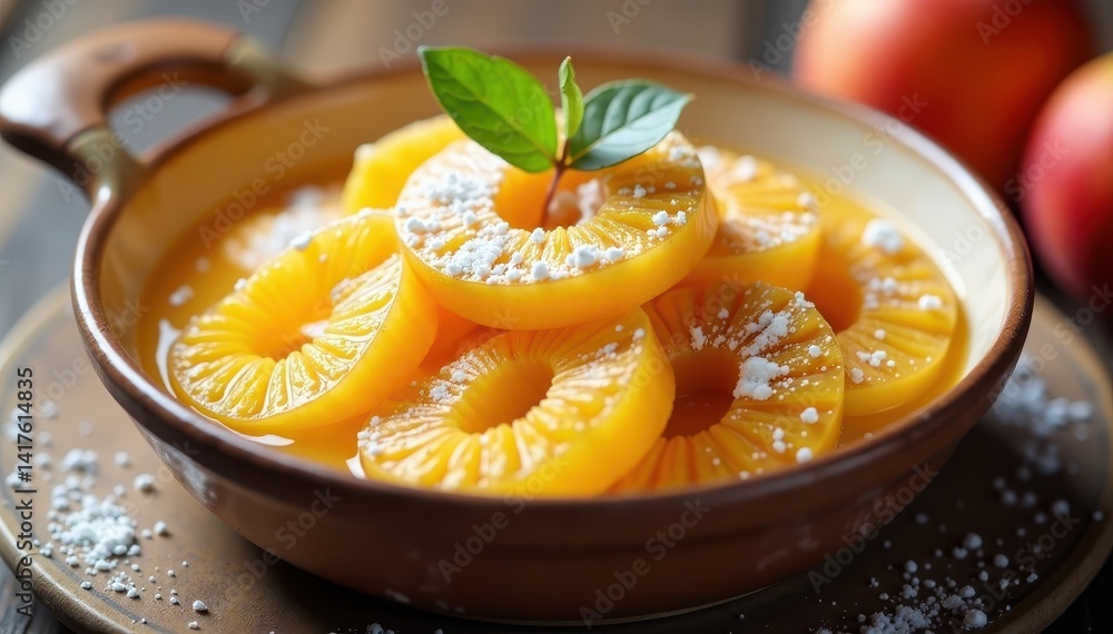 Fresh apricot dessert in a ceramic dish with powdered sugar on top, baking, fruit tart Fresh apricot dessert in a ceramic dish with powdered sugar on top, baking, fruit tart