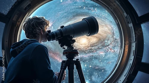 Young astronomer gazing through telescope at distant galaxy from spacecraft