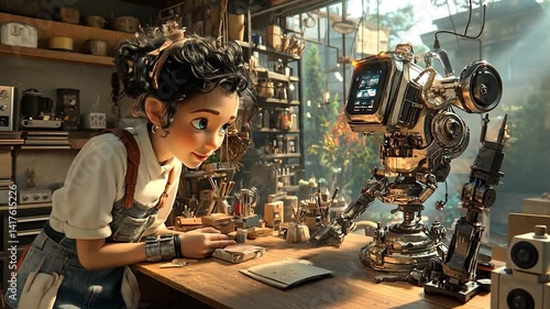 Young girl interacting with a friendly robot in a cozy workshop filled with crafts and tools