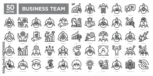 Business team icons collection set, including leadership, collaboration, motivation, and team development. Ideal for corporate presentations, HR materials, and business strategy visuals.