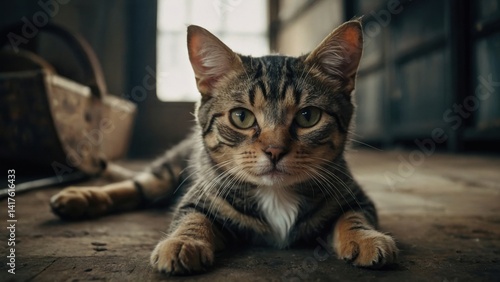 A focused portrait of a brown tabby cat lying on a rustic floor, eyes gazing forward, with a vintage basket and wooden wall in the