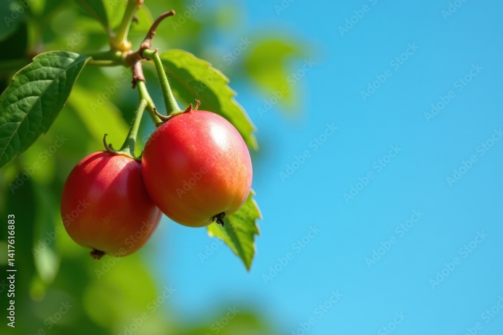Obraz premium Fresh neem fruit on tree with leaf against blue clear sky, nature, landscape
