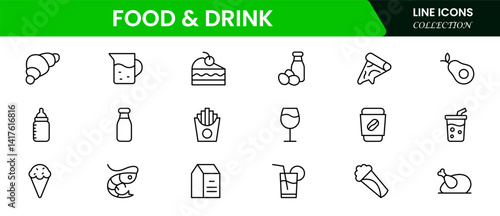 Food and drink web icons in line style. Meal, restaurant, dishes, fruits, fastfood, burger, pizza, coffee, sandwich, collection. Vector illustration.