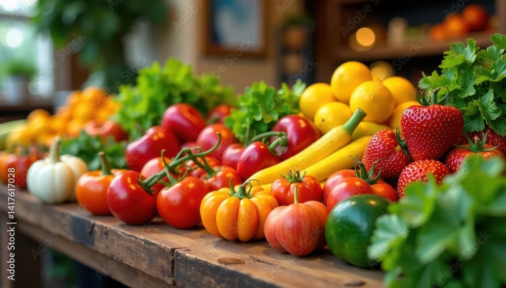 Fresh produce display table with vibrant organic fruits and vegetables, wooden table, vegetables Fresh produce display table with vibrant organic fruits and vegetables, wooden table, vegetables