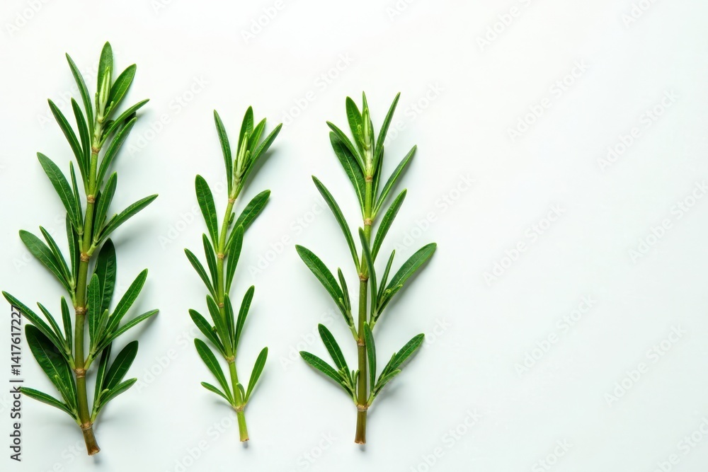 Fresh rosemary sprigs and leaves on a white background, green, cooking Fresh rosemary sprigs and leaves on a white background, green, cooking