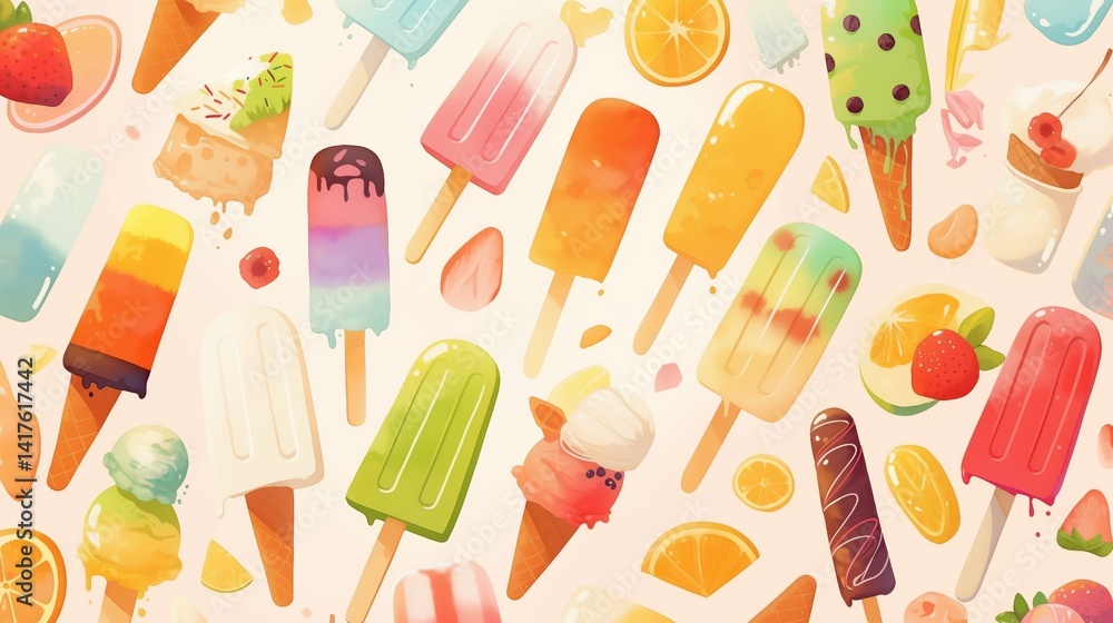 Summer treats colorful ice cream pops food art vibrant background Summer treats colorful ice cream pops food art vibrant background