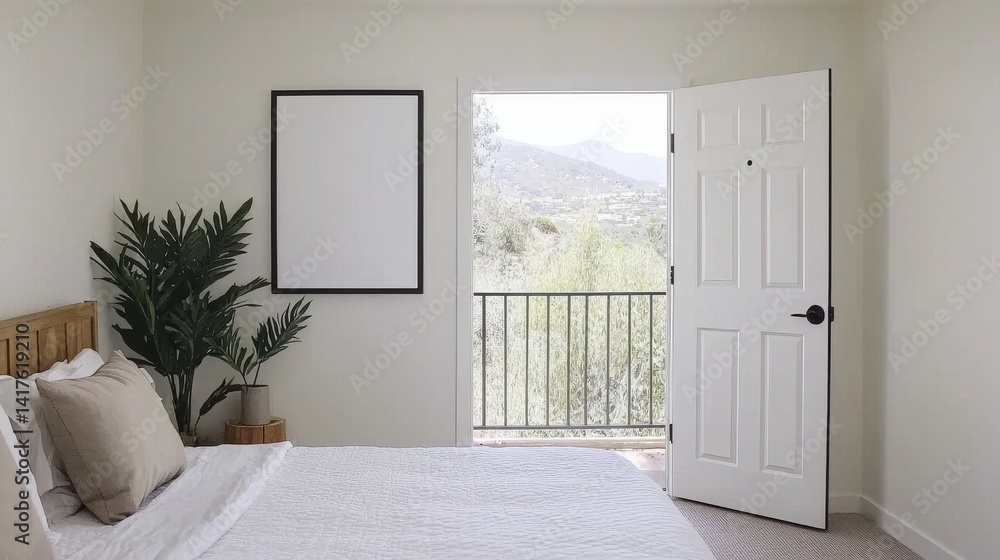 Fototapeta premium Serene Bedroom with Modern Decor and Open Door to Scenic View