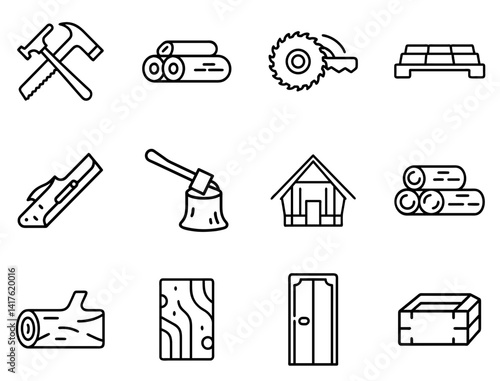Wood Icon Set – Editable Stroke Outline Vector Collection