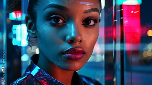 Young woman with striking features illuminated by neon lights in a vibrant urban setting, showcasing modern fashion and city life