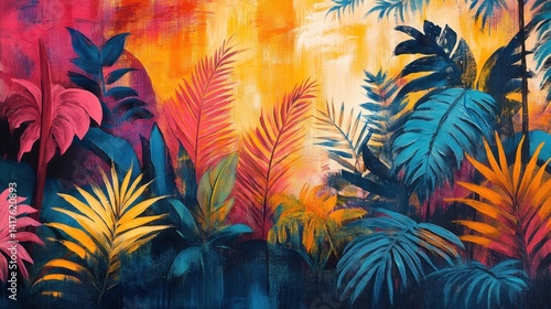 Vibrant Tropical Foliage with Colorful Leaves in Sunset Background, Perfect for Nature and Travel Themes
