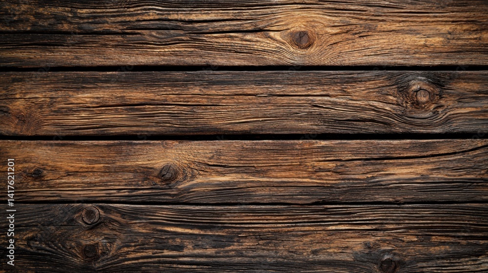 Naklejka premium Distressed dark wooden planks, aged and textured horizontal background, panoramic banner for vintage aesthetics.