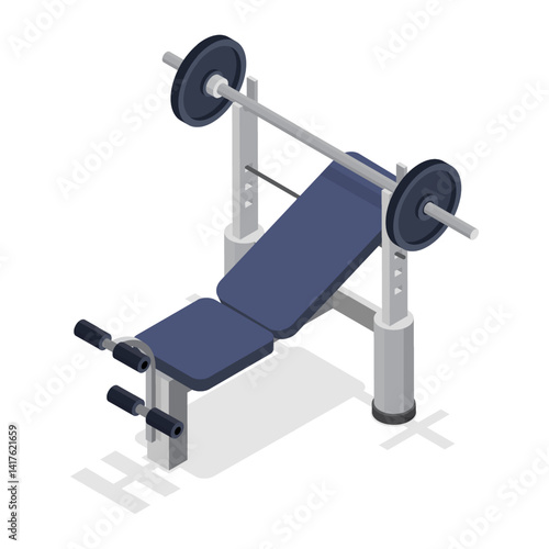 Sports equipment for gym. 3d flat isometric vector illustration bench and barbell for strength training.