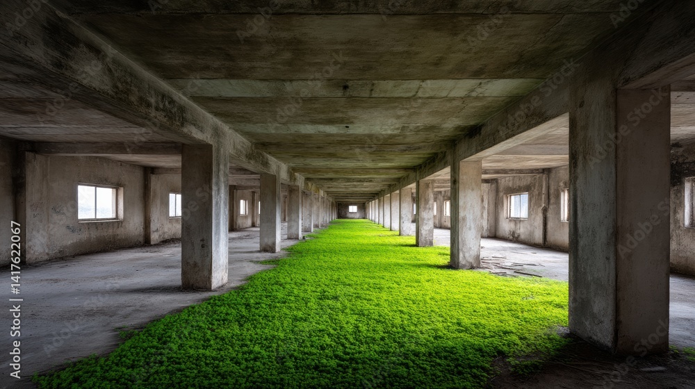 An abandoned industrial space filled with vibrant green vegetation, showcasing nature reclaiming the concrete structure. An abandoned industrial space filled with vibrant green vegetation, showcasing nature reclaiming the concrete structure.