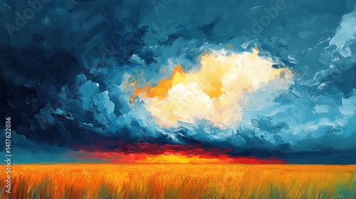 Dramatic Evening Sky with Fiery Sunset and Stormy Clouds Over Golden Wheat Field