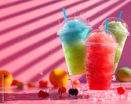 Creative food template. Three colorful slushie slushy frozen flavored blended icy drinks with liquid droplet splash splashing on ice and fruits surround soft shadow pink background. copy text space.  