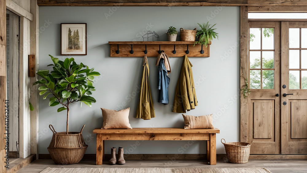 Rustic coat rack and wooden bench in farmhouse entryway Rustic coat rack and wooden bench in farmhouse entryway