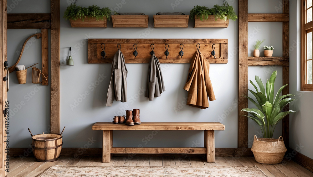 Rustic farmhouse coat rack above wooden bench Rustic farmhouse coat rack above wooden bench