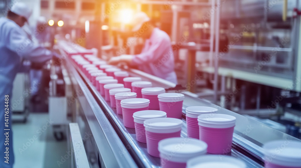 Fototapeta premium Bright production line with efficient processing of containers Generative AI