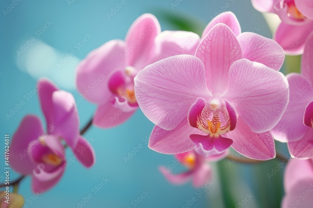 Vibrant pink orchids in bloom against soft blue background Vibrant pink orchids in bloom against soft blue background