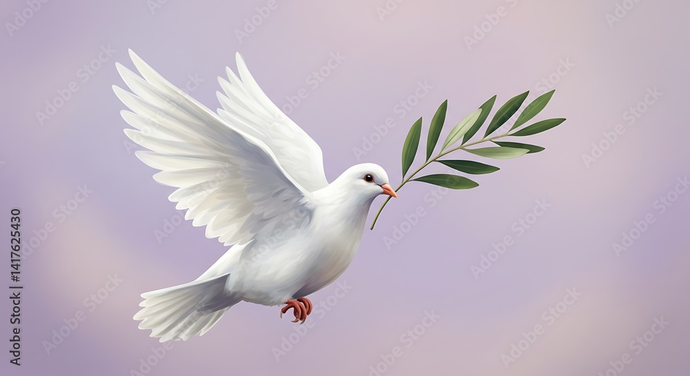 Obraz premium Peaceful white dove in flight holding an olive branch.