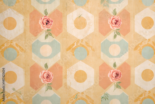 Close-up of faded antique-style wallpaper with floral art nouveau designs in warm pastel tones. Subtle textures and curved lines offer a romantic, nostalgic feel