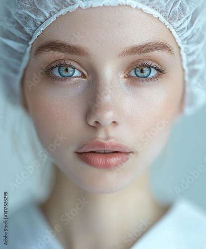 Beautiful woman close-up, doctor nurse care portrait close-up