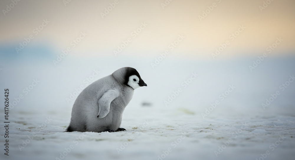 Fototapeta premium Penguin Chick Standing on Snow in Cold Environment