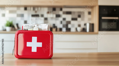 Close-up view of a bright red first aid kit on kitchen counter Generative AI