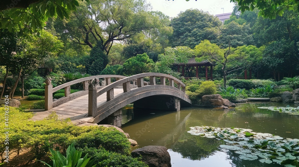 Tranquil garden scene featuring a traditional arched bridge over a serene pond Tranquil garden scene featuring a traditional arched bridge over a serene pond