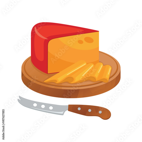 Cheddar cheese on a wooden cutting board vector illustration. Piece of cheese icon set isolated on white background. Cheese block on a wooden tray and cheese knife drawing