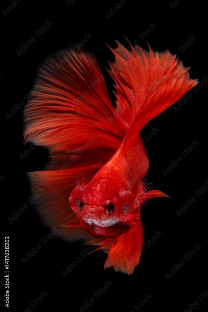 Stunning red halfmoon betta fish showcasing a spectacular 180-degree caudal fin spread, a vibrant splash against the dark background, 18 april 2025 Indonesia Stunning red halfmoon betta fish showcasing a spectacular 180-degree caudal fin spread, a vibrant splash against the dark background, 18 april 2025 Indonesia