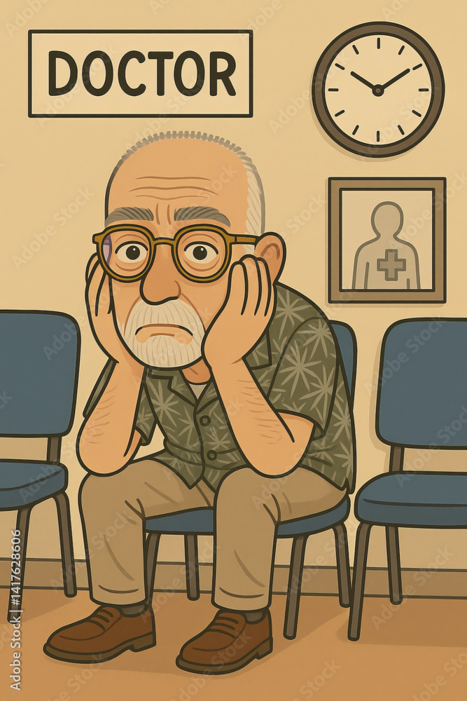 Worried Elderly Man Sitting in Waiting Room of a Doctor's Office