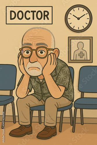 Obraz na płótnie Worried Elderly Man Sitting in Waiting Room of a Doctor's Office w salonie