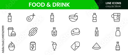 Food and drink web icons in line style. Meal, restaurant, dishes, fruits, fast food, burger, pizza, coffee, sandwich, collection. Vector illustration.