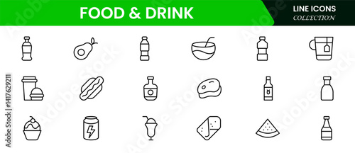 Food and drink web icons in line style. Meal, restaurant, dishes, fruits, fast food, burger, pizza, coffee, sandwich, collection. Vector illustration.