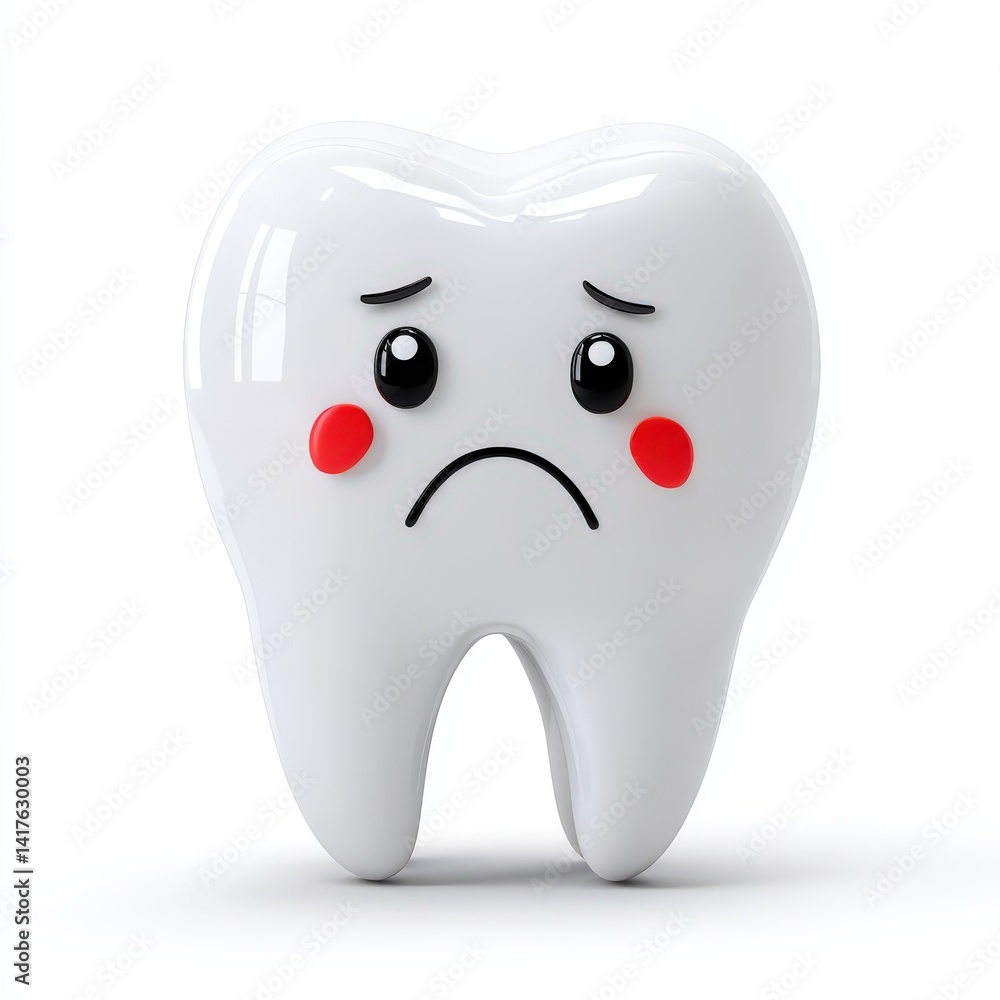 Sad cartoon tooth with red cheeks on white background Sad cartoon tooth with red cheeks on white background