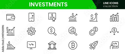 Investment, investor, risk management, economy, financial gain, money, coins symbols. Outline icon collection. Vector illustration