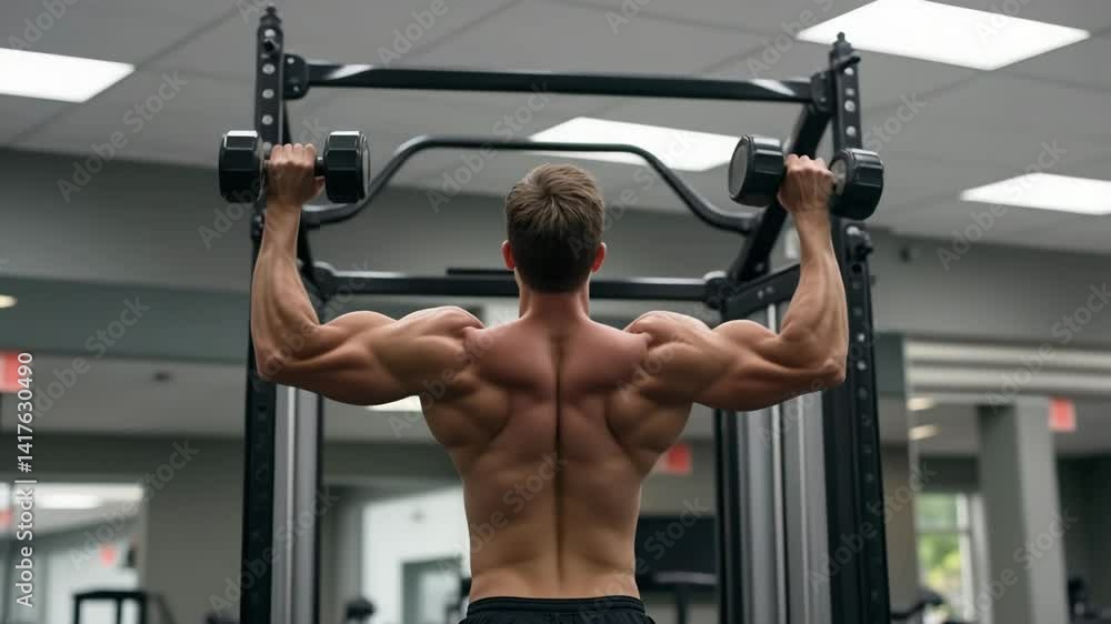 Triceps press overhead with arms straightening and dumbbell exercise focus. Triceps press overhead with arms straightening and dumbbell exercise focus.