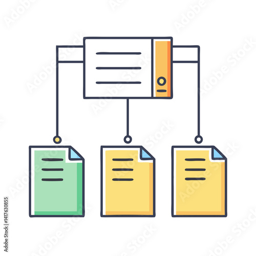 Data management flowchart showing central hub with multiple outputs and documents