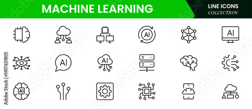 Artificial intelligence set of web icons inline style. AI technology icons for web and mobile apps. Machine learning, digital AI technology, algorithm, smart robotics, cloud computing network