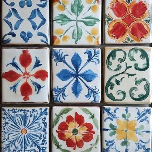 Collection of Nine Hand-Painted Portuguese Azulejos Tiles Displaying Floral and Geometric Patterns