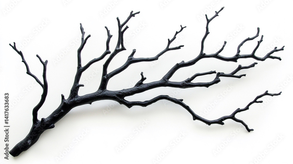 Fototapeta premium Black silhouette of a dry tree branch isolated on a white background
