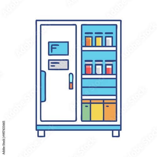 Cartoon illustration of a laboratory fridge filled with colorful chemicals