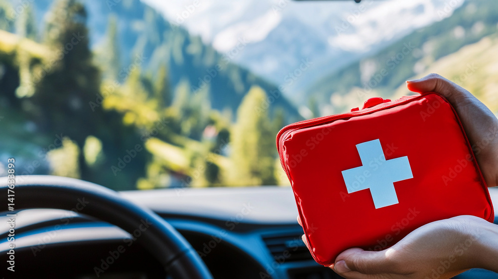Person holds red first aid kit in mountain landscape view Generative AI