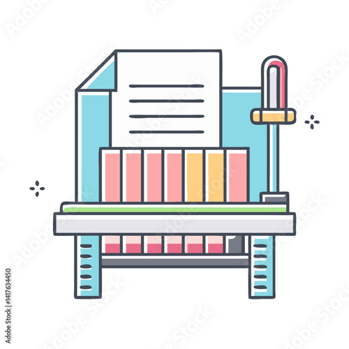 Illustrative depiction of a paper trimmer and guillotine with colorful design