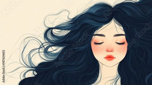 Serene Portrait of a Young Woman with Flowing Dark Hair and Soft Facial Features in a Minimalist Style