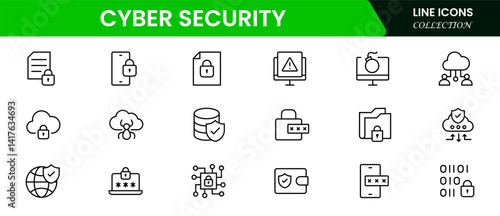 Cyber security icon set with information, technology, data network, malware, virus, unauthorized access, and protected. Vector illustration web line icon collection