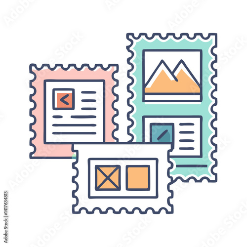Collection of Illustrated Postage Stamps Depicting Various Iconographic Designs and Visuals