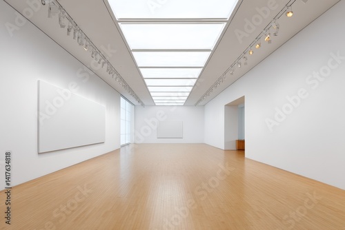 Wallpaper Mural A minimalist art gallery with bright lighting, wooden flooring, and empty white walls, creating an open and spacious atmosphere. Torontodigital.ca